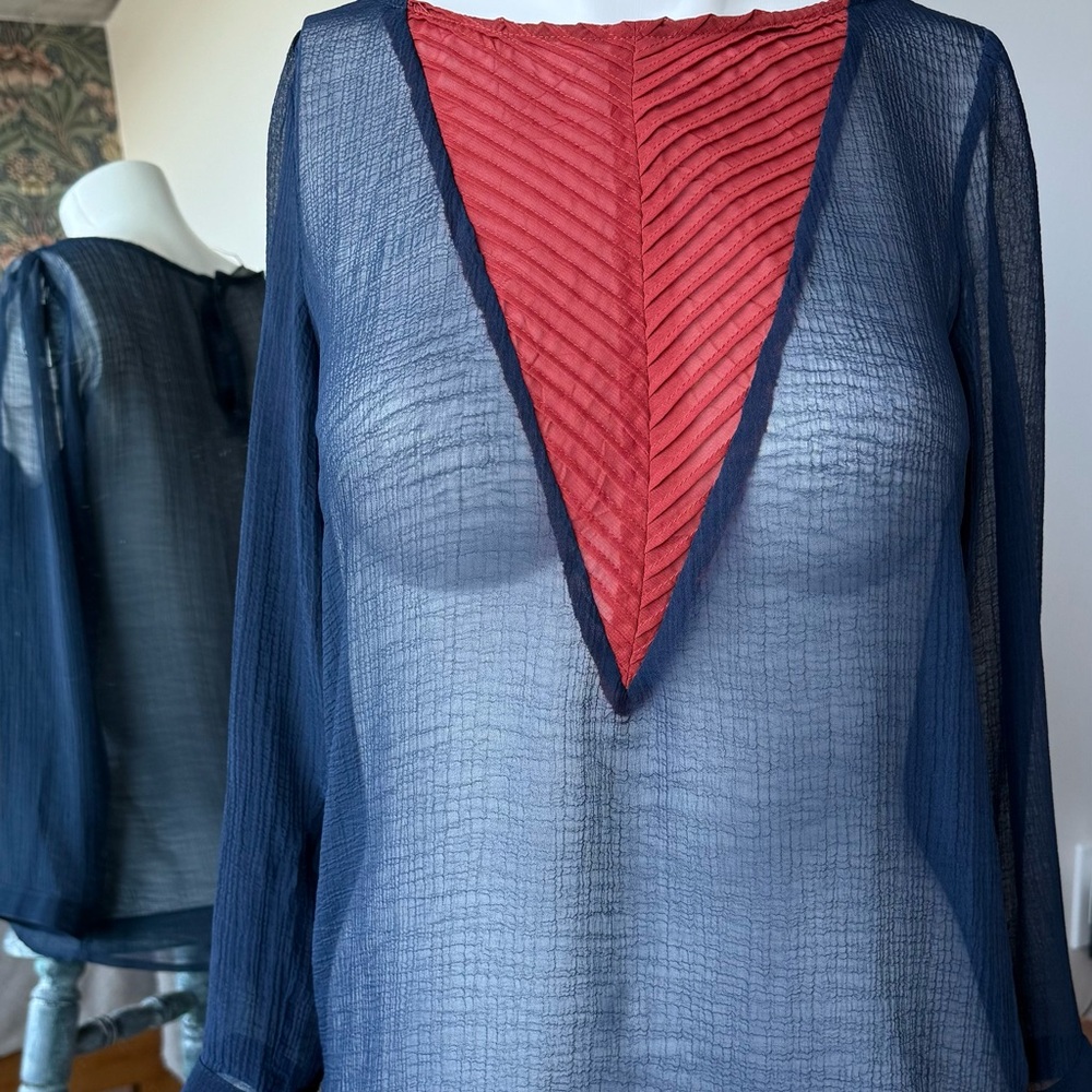 THML Sheer Navy and Red V-Neck Blouse